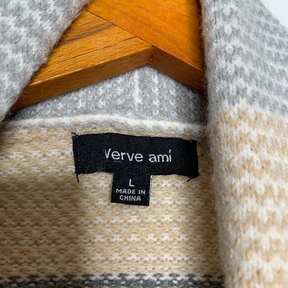 3/$20 Verve Ami women's neutral striped open front draped cardigan sweater SZ L - Picture 8 of 10